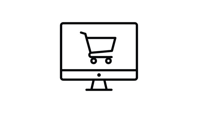 Black outline icon of a computer monitor displaying a shopping cart symbol, representing online shopping and e-commerce.