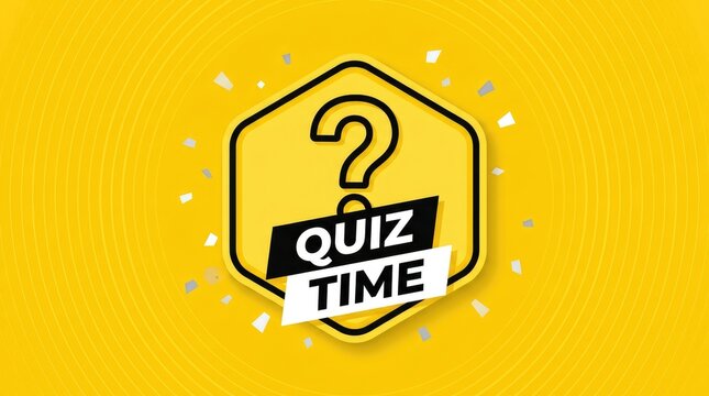Quiz time banner with yellow hexagon shape. Question mark icon and confetti elements. Vibrant digital graphic for education and trivia games