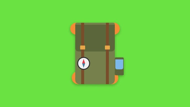 Motion graphics video clip of a green hiking backpack with a compass on a green screen background