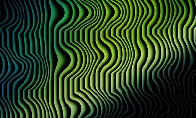 Fototapeta premium Abstract green and yellow wavy lines pattern on a dark black background