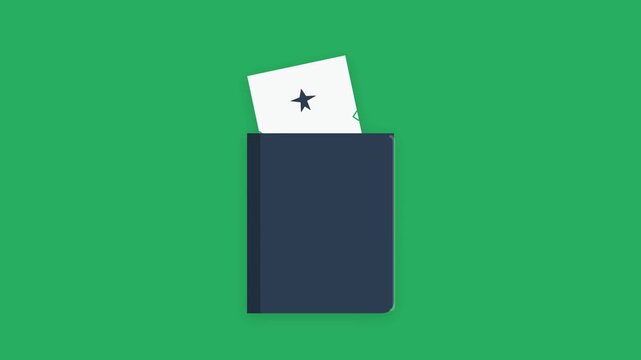 Animated motion graphics of star ticket inside dark blue passport on green background footage