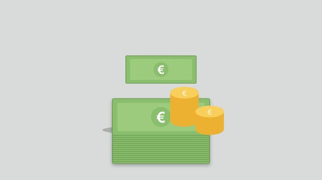 Motion graphics of stacked Euro banknotes and golden coins representing financial growth.