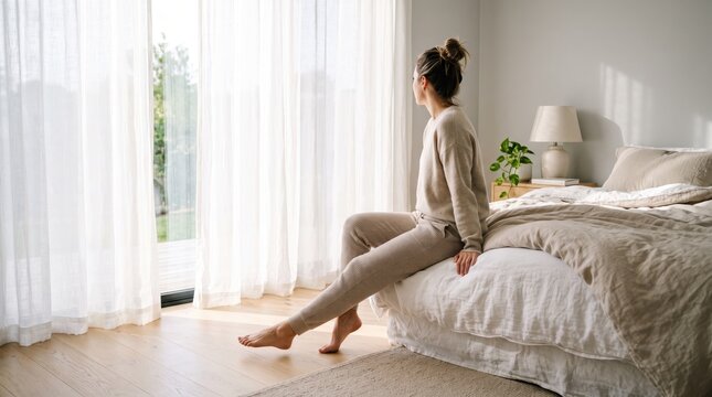 Woman sitting on bed edge looking out window in bright bedroom, peaceful morning routine, relaxing at home in cozy apartment, healthy lifestyle with natural sunlight and calm