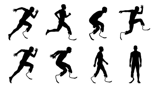 Set of black silhouettes of athletes with blade prosthesis in various running and walking poses, depicting disability sports, active lifestyle