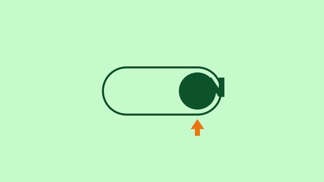 Motion graphics of a dark green toggle button and orange arrow on pastel green screen.