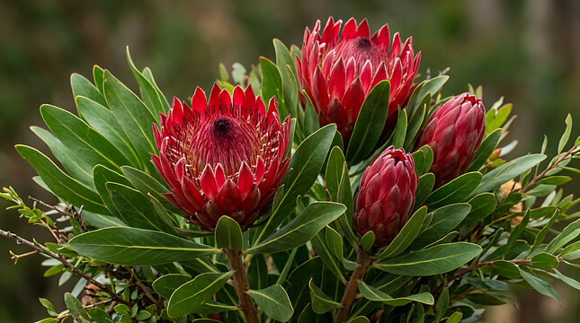 Vibrant red waratah flowers in natural habitat.