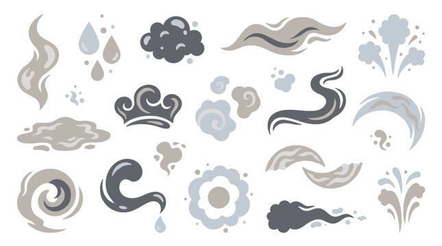 Set of isolated weather elements smoke clouds and water droplets for retro game environments, atmospheric effects, dynamic motion, weather simulation