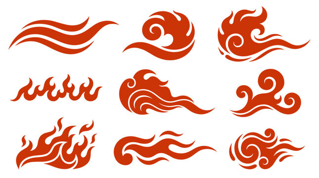 Set of decorative flame and wind gust silhouettes in terracotta orange, traditional japanese style wave and fire cloud icons, stylized motion