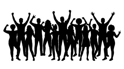Fototapeta premium Group of cheering people silhouette with raised hands, celebration and party atmosphere, community unity, diverse joyful crowd, vector illustration