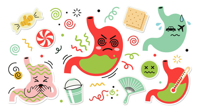 Set of colorful human stomach organs showing digestive issues, nausea, sickness, food intolerance, and health symptoms, flat sticker style vector