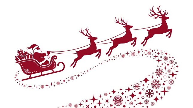 Santa Claus in sleigh with reindeer flying vector illustration. Red silhouette graphic featuring gift boxes snowflakes and magical sparkles