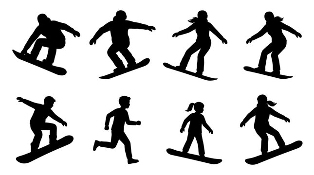 Set of black snowboarder silhouettes in various action poses, dynamic winter sports riders, extreme snowboarding competition, mountain leisure