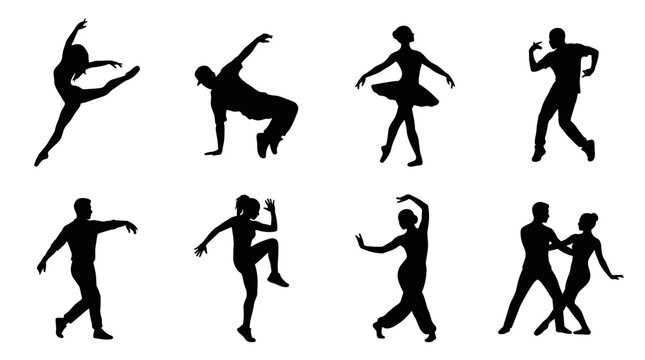 Set of black dancing silhouettes featuring ballet, hip hop, contemporary and ballroom dance moves, perfect for performance posters and events