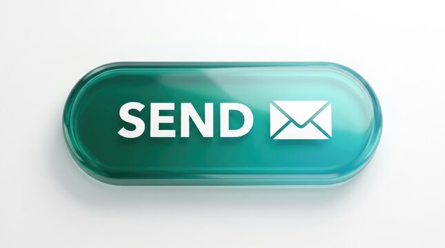 Send button icon for digital applications. Glossy green pill shape with white text and mail envelope symbol. User interface element