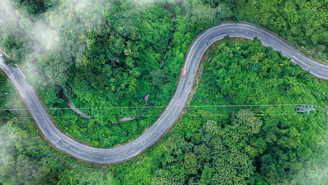 Aerial view road and green forest, green environment Rainforest landscape with trees and fog - theme conservation,