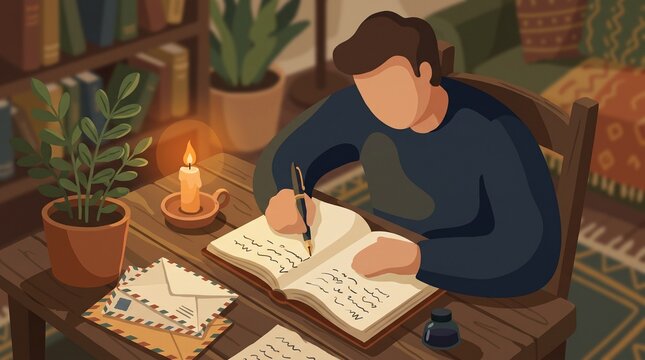 Faceless male cartoon character writing creatively in a daily journal, flat illustration with candle and plants for mindfulness, reflection and self expression