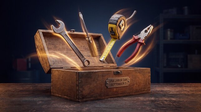 Glowing hand tools flying out of vintage wooden toolbox, magical repair equipment with light trails, rustic workshop maintenance concept