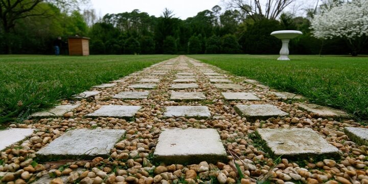 Garden path with stone pavers and pebbles leading through a lush green lawn to trees and a birdbath