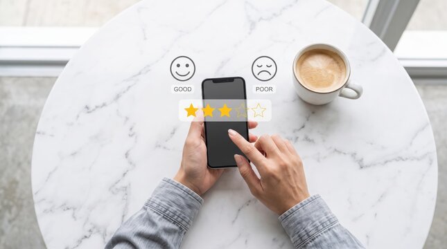 Customer rating service on smartphone screen, user giving feedback with star icons, positive and negative emotion symbols, good versus poor review, top down view of hands holding