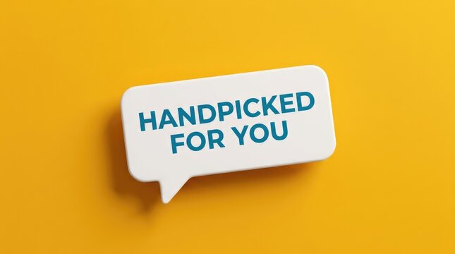 Handpicked for you text message bubble sign. White speech bubble with blue typography. Isolated on yellow background for marketing