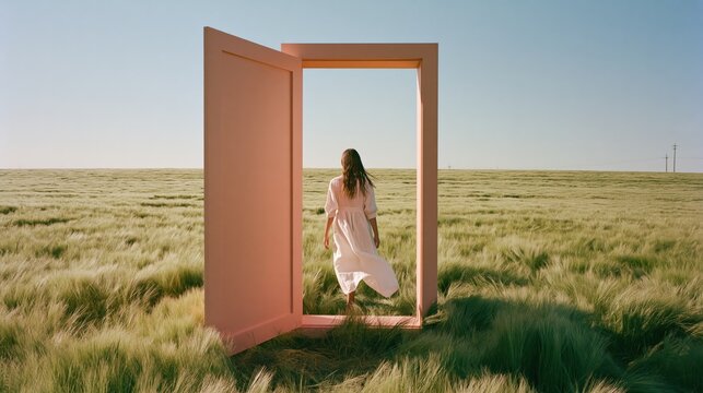Surreal landscape of a woman walking through a pink door in a green wheat field
