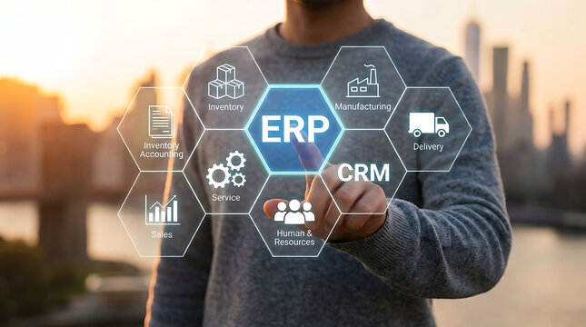 Businessman Touching ERP Enterprise Resource Planning Automation Software Screen