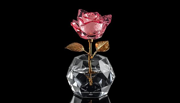 Pink crystal rose sculpture in a faceted glass vase on a black background.