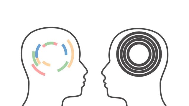 Two facing head silhouettes with different thought patterns: scattered arcs versus concentric circles. Mindset contrast, perception, mentality, psychology, individuality, empathy, understanding.
