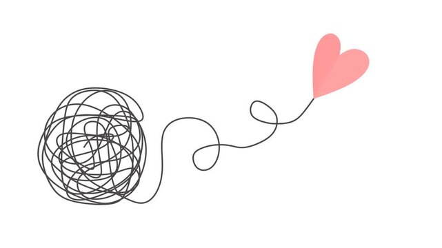 A tangled ball of thread unravels into a smooth line that ends with a heart. A metaphor of healing, recovery, emotional growth, hope, self-love and the journey from inner chaos to love and harmony.