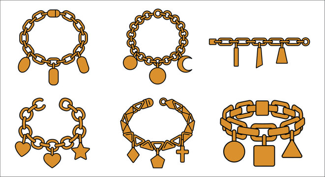 Golden chain bracelets with various pendants are displayed in a flat vector illustration chains jewelry