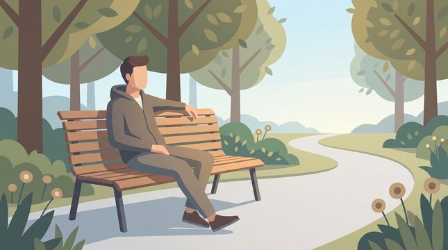 Faceless male cartoon character sitting casually on a park bench surrounded by greenery, flat illustration for relaxation, outdoor leisure and lifestyle