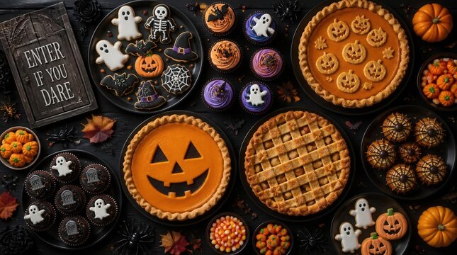 Halloween Feast Extravaganza: A delectable spread of Halloween-themed treats, featuring spooky pumpkin pies, ghostly cookies, festive cupcakes, and assorted candies, all arranged on a dark.