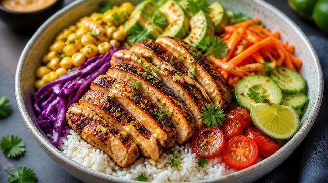 Flavorful Chicken Buddha Bowl: A vibrant and healthy Buddha bowl filled with grilled chicken, fluffy rice, and a colorful medley of fresh vegetables and legumes.
