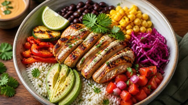 Vibrant Chicken Bowl: A delicious and healthy chicken bowl featuring grilled chicken, rice, avocado, black beans, corn, red cabbage, and fresh salsa, offering a burst of flavors and colors.