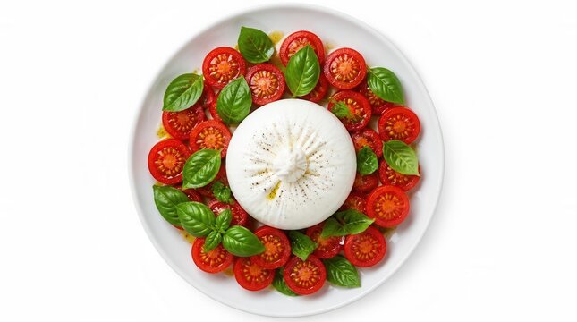 Burrata and Cherry Tomato Salad: A vibrant and fresh salad featuring creamy burrata cheese, ripe cherry tomatoes, and aromatic basil leaves, arranged artfully on a white plate.