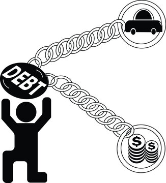 Conceptual Illustration of a Person Struggling Under the Weight of Debt Linked to a Car and Money