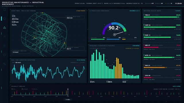 Explore a photorealistic AI predictive maintenance dashboard designed for industrial machinery featuring a sleek dark mode interface and vibrant visual elements.