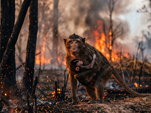 Mother Monkey Carrying Baby During Forest Wildfire