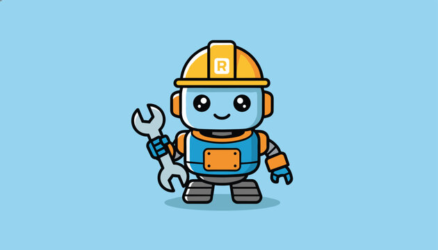 Friendly cartoon construction robot wearing a yellow safety helmet and holding a wrench on a blue background.