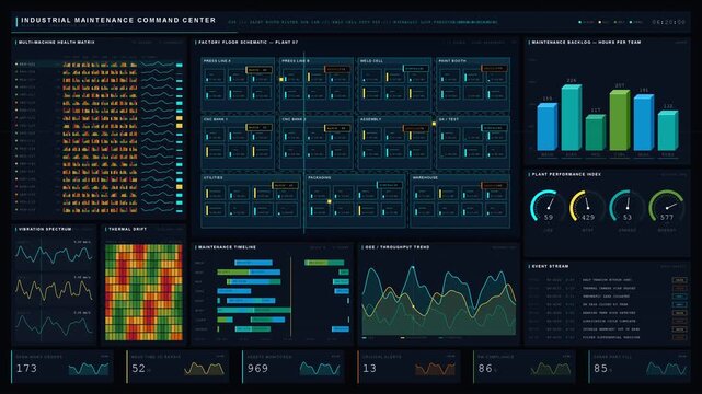 A high-tech industrial maintenance command center interface featuring a dark layout with a 4K mosaic grid displaying factory schematics, health metrics, and maintenance data visualizations.
