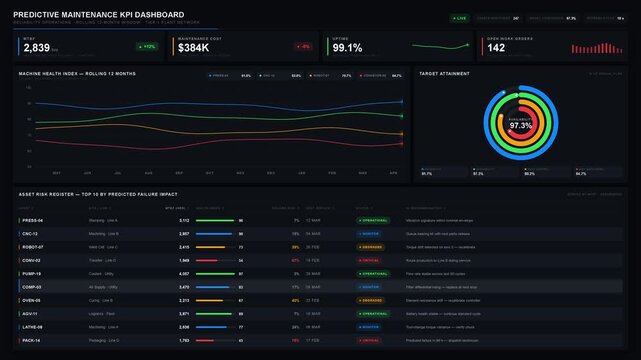 Explore a sophisticated 4K predictive maintenance KPI dashboard featuring a sleek design, vibrant color palette, and detailed metrics for executive reporting and analysis.