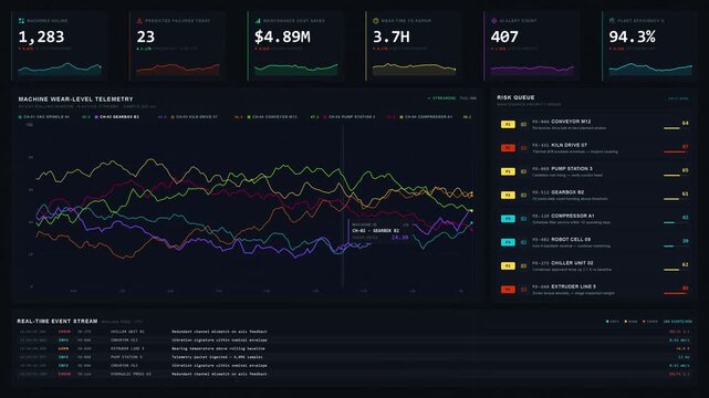 Explore a sophisticated dark UI design for a predictive maintenance operations center featuring KPI tiles, charts, and real-time log feeds in a military style.