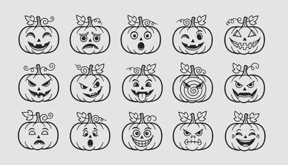 Obraz premium Fifteen different hand drawn spooky and funny jack o lantern pumpkin faces in black ink isolated on grey background for halloween.