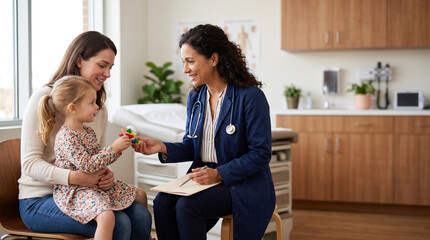 Fototapeta premium Family doctor consults parent and young child during routine health assessment, supporting pediatric care, preventive medicine, family healthcare and clear patient communication.