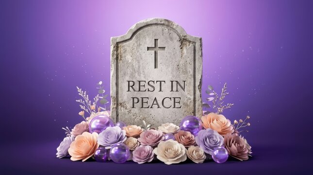Tombstone with Rest in Peace text and Christian cross. Stone grave marker surrounded by decorative flowers. Memorial concept illustration