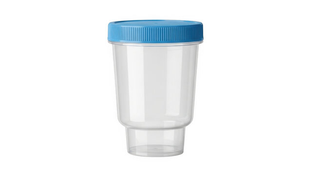 Empty plastic container with blue lid isolated on transparent background for product packaging design