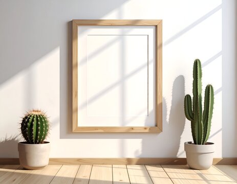 Interior scene with blank framed art, two potted cacti, and wooden floor/wall with sunlight