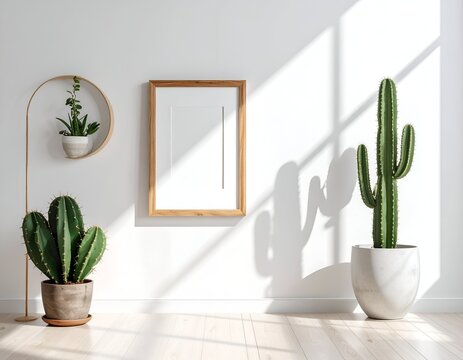 Interior design white wall with a framed art piece, cacti, sunlight, and a plant stand