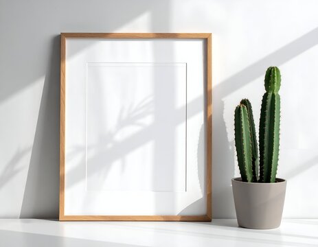 A rectangular, wooden-framed picture sits beside a potted cactus in sunlight and shadow