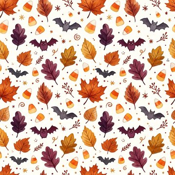 A vibrant seamless pattern featuring watercolor illustrations of colorful autumn leaves, spooky bats, and sweet candy corn, perfect for festive Halloween.